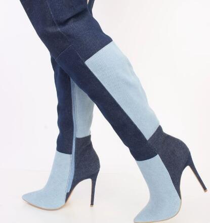 Street Fashion Denim - Blauwe tweekleurige denim overknee laarzen voor