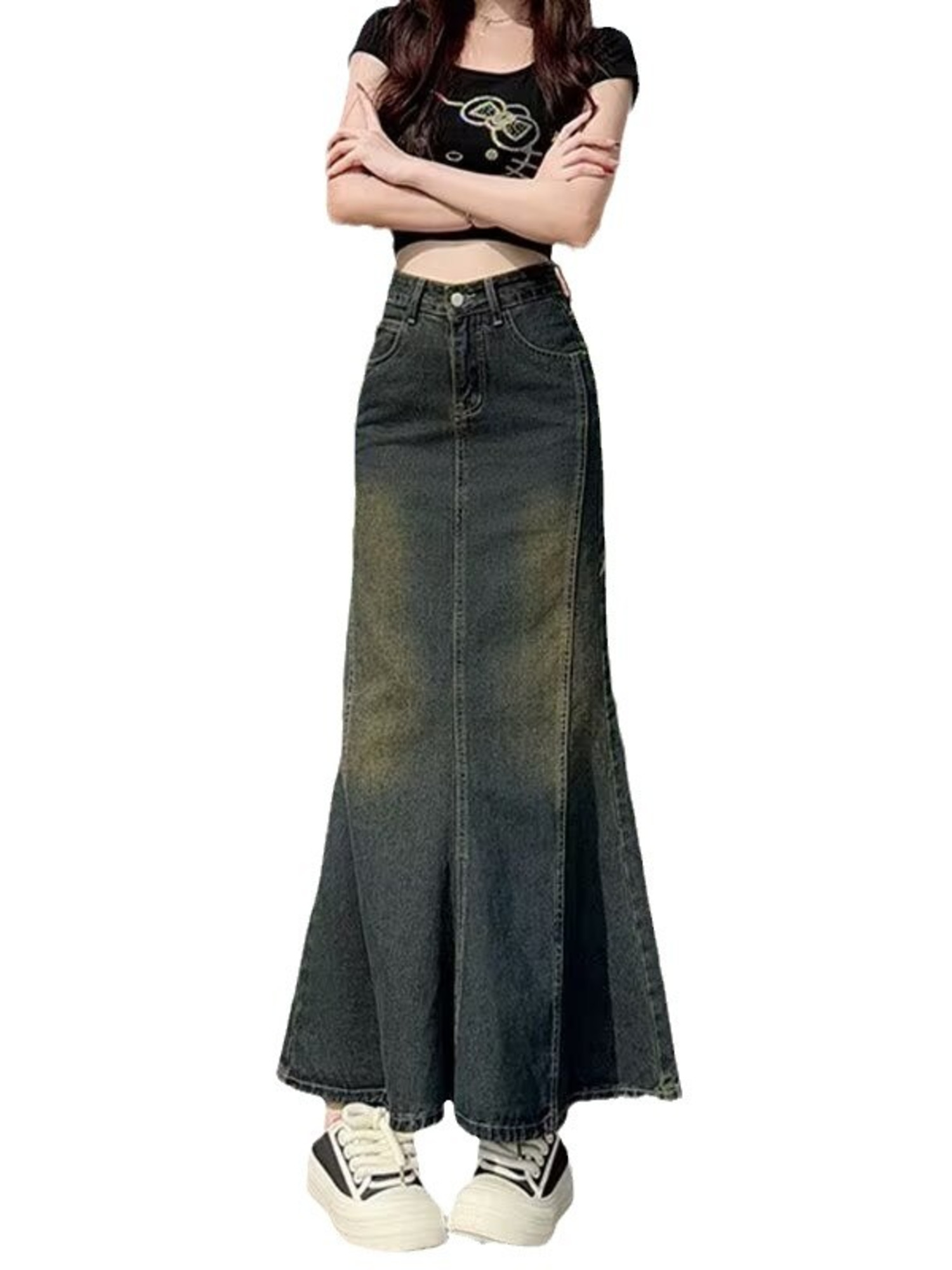 Street Fashion Denim - Vintage gewassen denim maxi rok voor